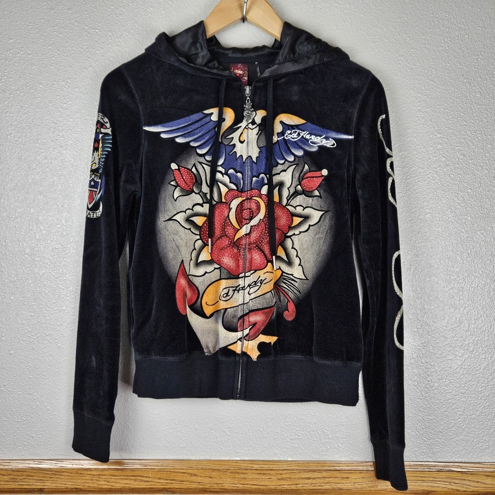 Vtg Y2K Ed Hardy Black Velour Zip Up Hoodie Size M Tattoo Rhinestones Satin Hood